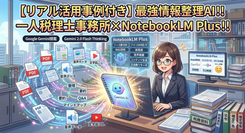 デュアルモニターのデスクで働く女性税理士と、NotebookLM Plusの機能（RAG技術、PDF・音声データの読み込み、Gemini 2.0 Flash Thinking搭載など）を視覚化したアイキャッチ画像。｜ミライクラフト税理士事務所