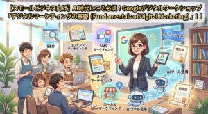 【スモールビジネス向け】AI時代に必須のGoogleデジタルワークショップ「デジタルマーケティングの基礎」を学ぶ経営者たちのイラスト｜ミライクラフト税理士事務所