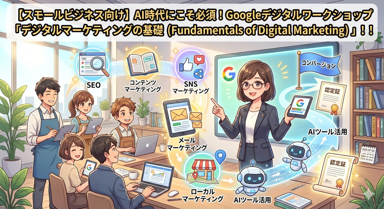 【スモールビジネス向け】AI時代に必須のGoogleデジタルワークショップ「デジタルマーケティングの基礎」を学ぶ経営者たちのイラスト｜ミライクラフト税理士事務所