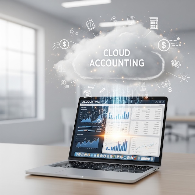 PCからアイデアが飛び出すグラフィック | 大阪市西区の税理士事務所 | ミライクラフト税理士事務所