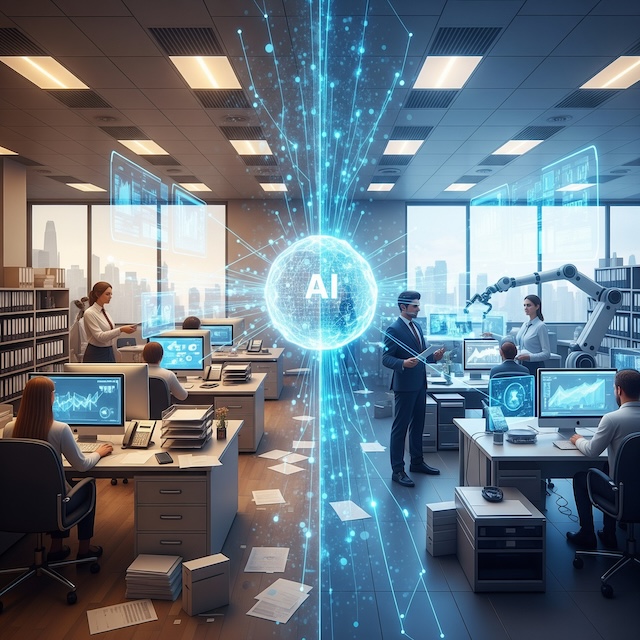 AIの力でオフィスに改革が起きる様子のグラフィック | 大阪市西区の税理士事務所 | ミライクラフト税理士事務所