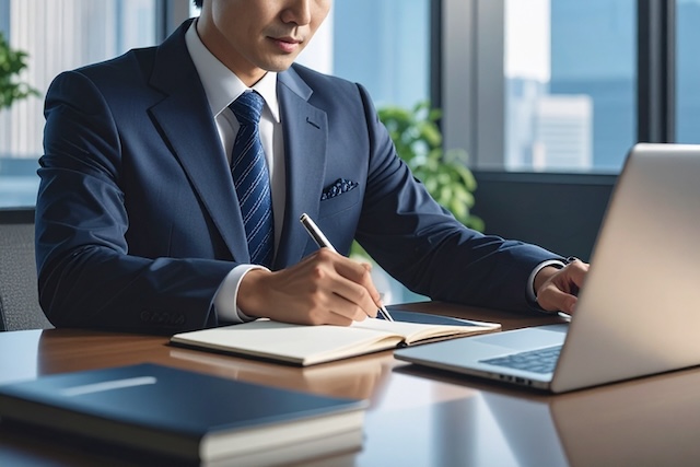 パソコンに向き合ってオンラインミーティングをする男性 | 大阪市西区の税理士事務所 | ミライクラフト税理士事務所