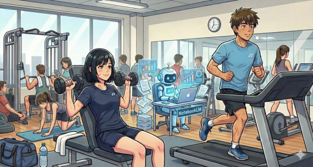 NotebookLMが仕事してくれたおかげで時短ができ、ジムで余暇を楽しむ２人　｜　ミライクラフト税理士事務所