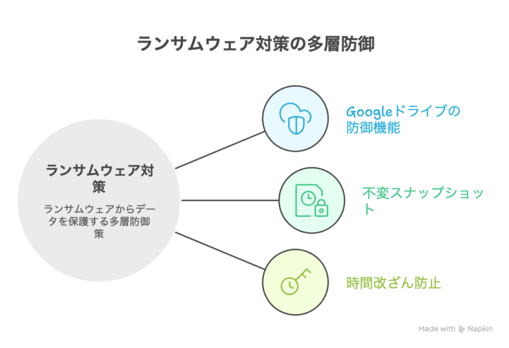 GoogleドライブのAI防御機能、NASの不変スナップショット、時間改ざん防止の3段構えによる、ランサムウェア被害を無力化する多層防御策の概念図