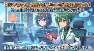 【セルフ情シス】GeminiとClaudeを擬人化したキャラクターがセキュリティ仕様書をクロスチェックしているアイキャッチ画像｜ミライクラフト税理士事務所