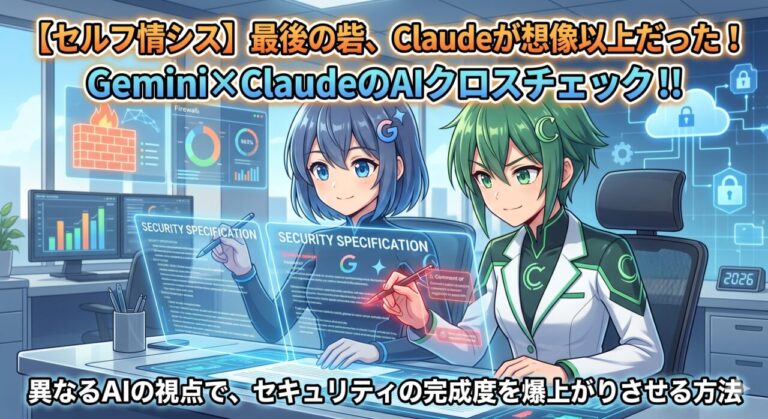 【セルフ情シス】GeminiとClaudeを擬人化したキャラクターがセキュリティ仕様書をクロスチェックしているアイキャッチ画像｜ミライクラフト税理士事務所