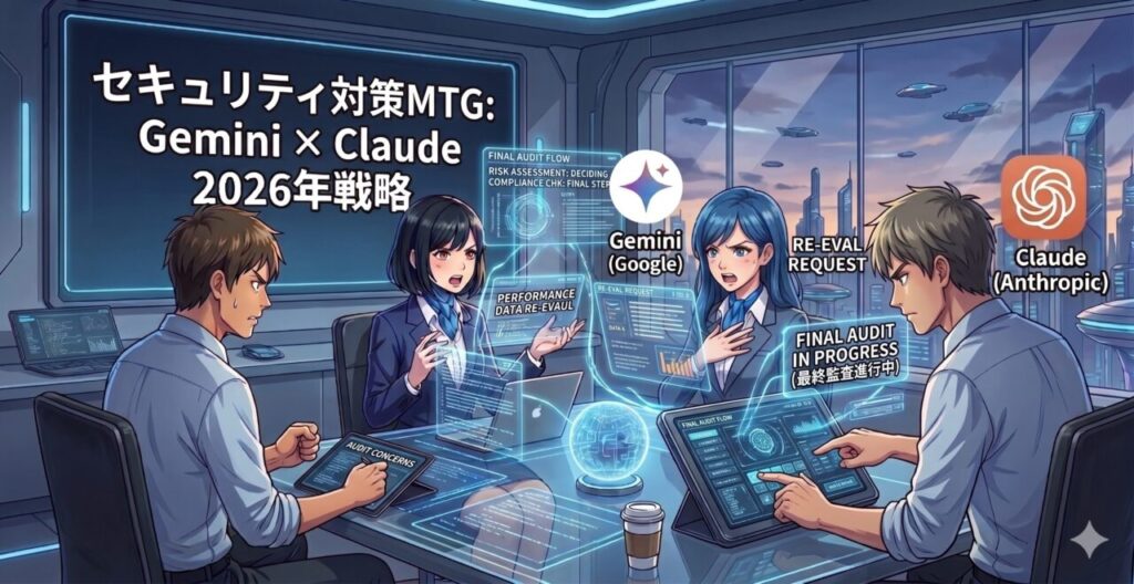 GeminiとClaudeのAIを交えて、2026年に向けたセキュリティ対策ミーティングと最終監査を行っている近未来的なイラスト｜ミライクラフト税理士事務所