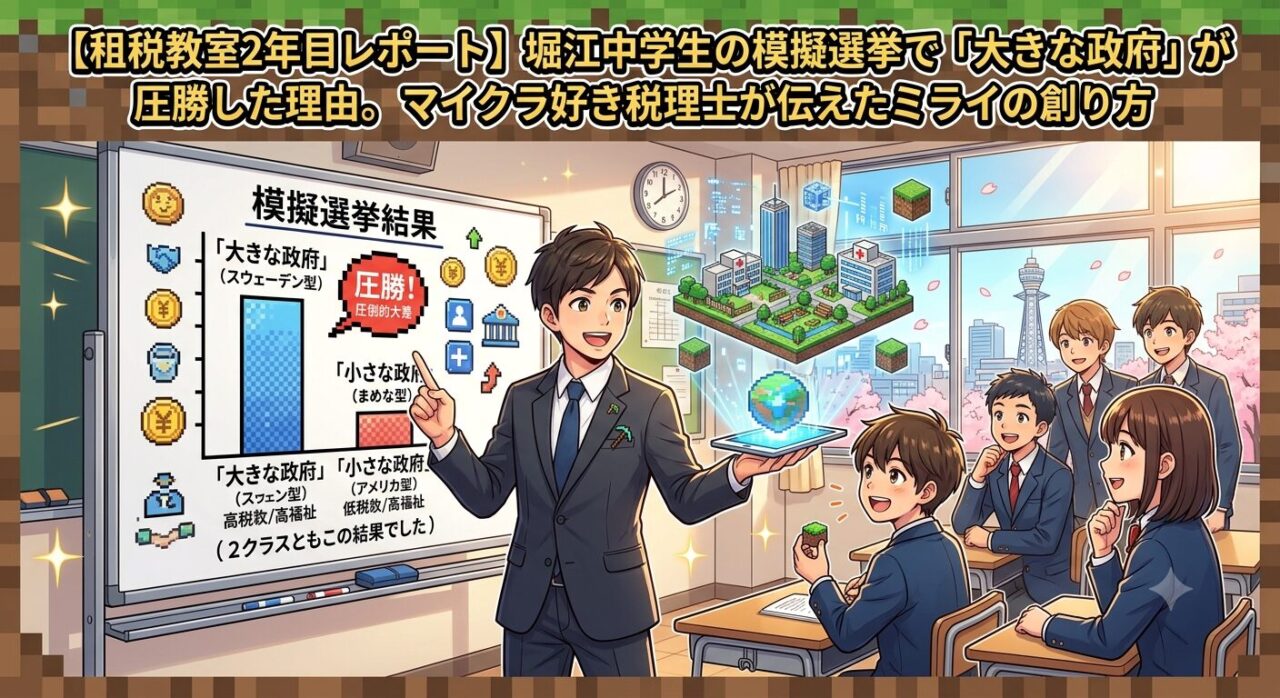 【租税教室2年目レポート】堀江中学校で税理士が行った模擬選挙（大きな政府が圧勝）と、マインクラフトを交えた授業風景のアイキャッチ画像｜ミライクラフト税理士事務所