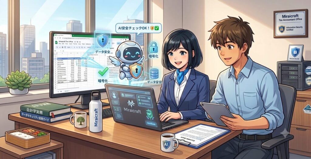 Google Workspaceの管理下で「AI安全チェックOK」「データ暗号化」等の社内ルールを守り、安全にAIを活用して業務効率化を行うミライクラフト税理士事務所のスタッフのイラスト|ミライクラフト税理士事務所