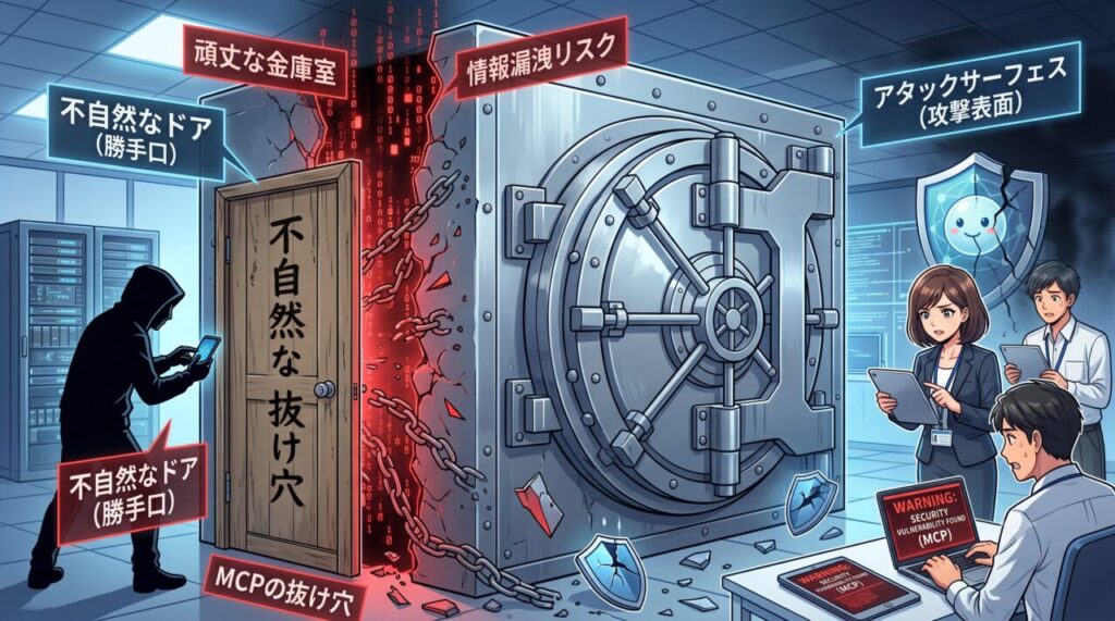 堅牢な金庫室に「不自然な勝手口」が開きハッカーが侵入するイラスト。MCPなどの便利機能がアタックサーフェス(攻撃表面)となり情報漏洩リスクを生む危険性を図解|ミライクラフト税理士事務所