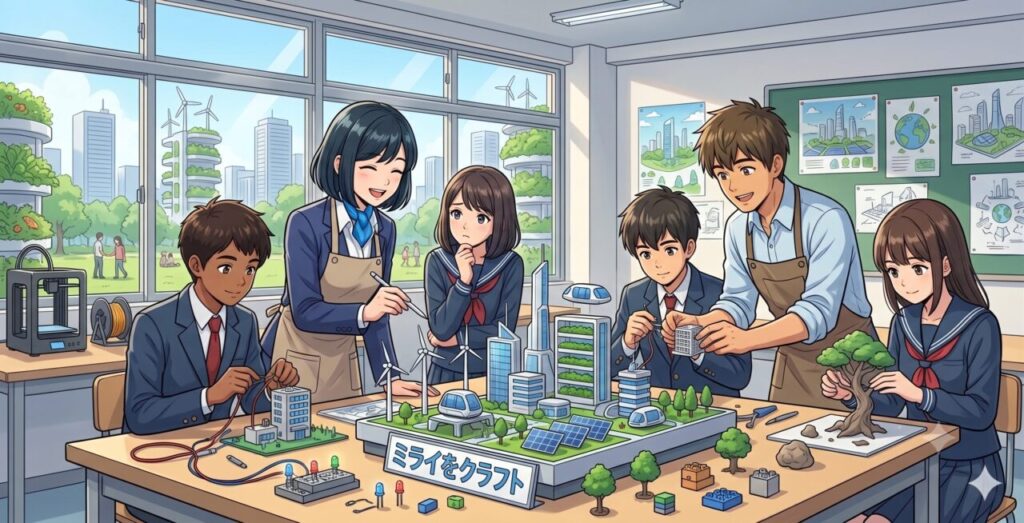 「ミライを自由にクラフトしよう」というメッセージを受け、自らの手で未来の社会や街づくりを考える中学生たちと税理士のイラスト|ミライクラフト税理士事務所