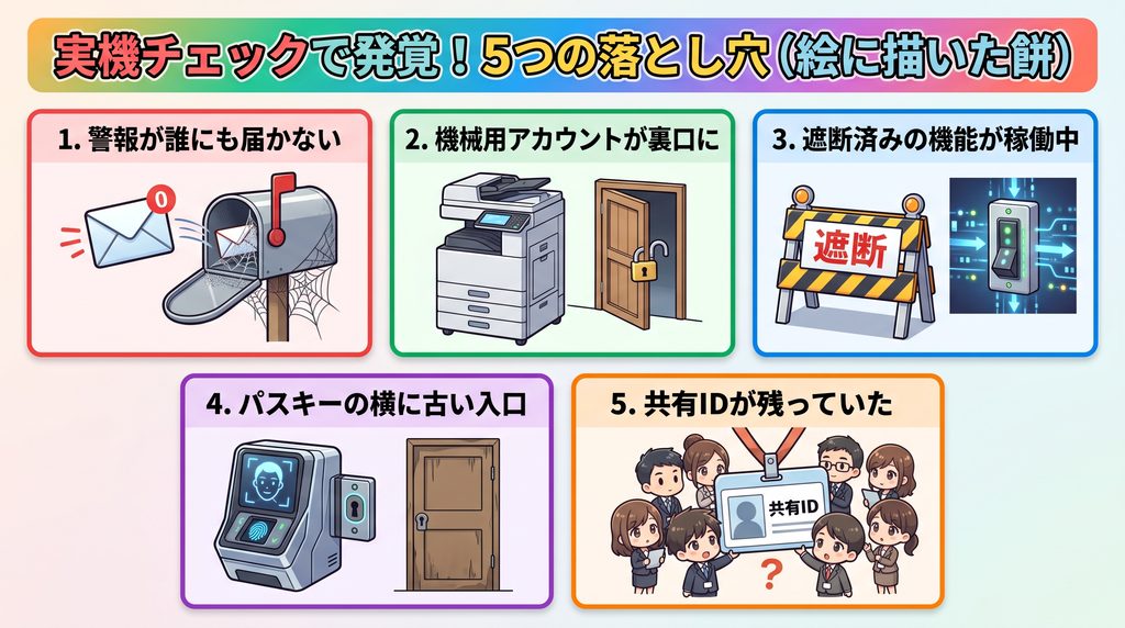 セキュリティ実機確認で発覚した5つの落とし穴(1.警報メール未達、2.機械用アカウントの裏口、3.遮断済み機能の稼働、4.パスキー横の古い入口、5.共有IDの残存)のイラスト図解|ミライクラフト税理士事務所