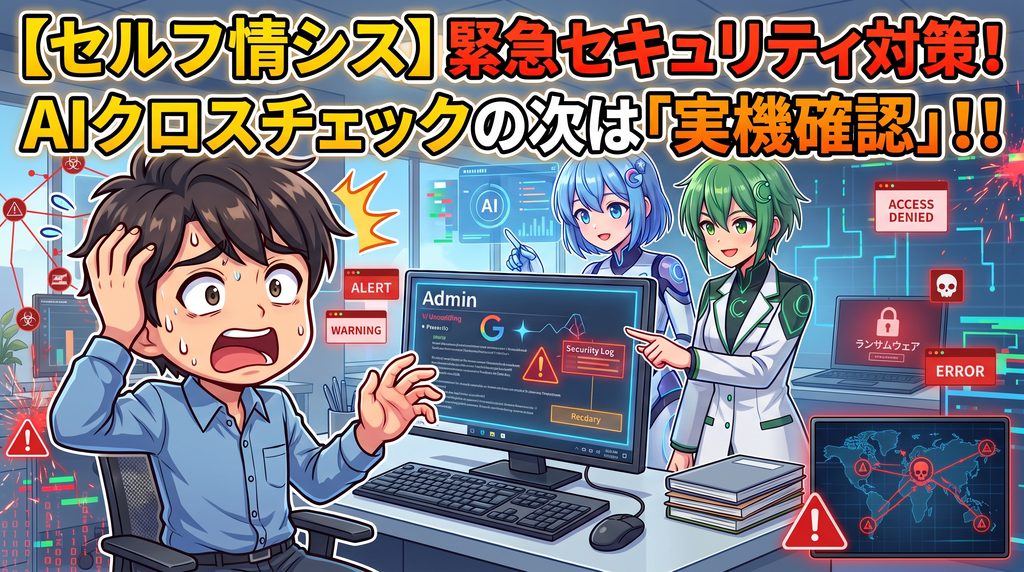 ランサムウェアやALERTの警告画面に焦る税理士と、一緒に実機確認して緊急セキュリティ対策をしているGemini・Claudeのイラスト|ミライクラフト税理士事務所