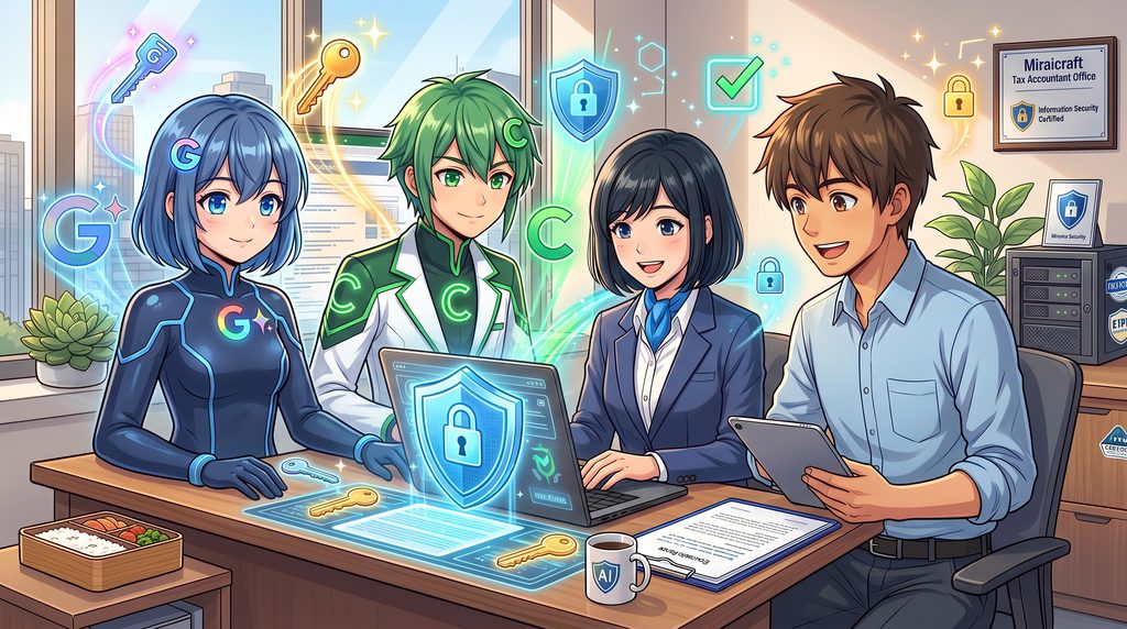 GeminiとClaudeのAIクロスチェックに人間の「実機確認」を組み合わせ、ミライクラフト税理士事務所の強固なセキュリティ体制を完成させたイメージイラスト|ミライクラフト税理士事務所